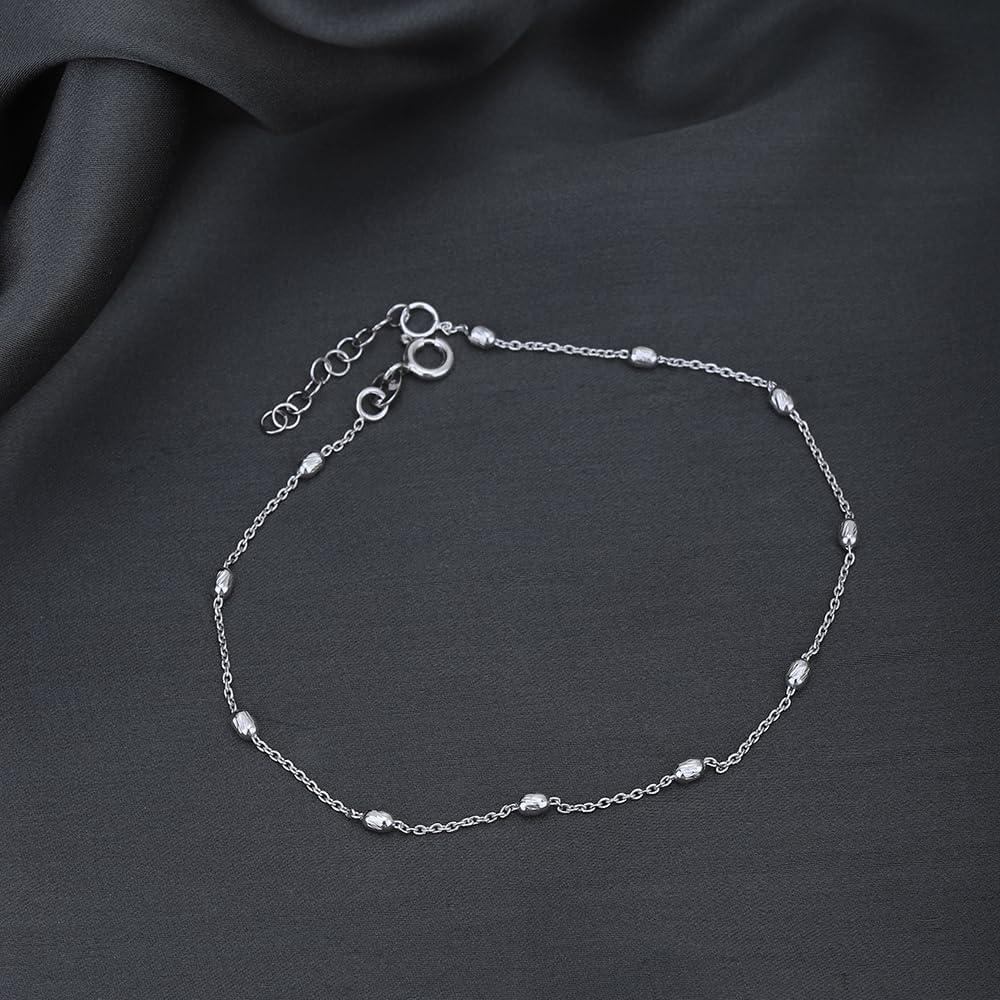 Vanbelle Sterling Silver Jewelry - Rhodium Plated with 925 Stamp - Silver Oval Ball Anklet - Handcrafted Beaded Chain Anklet for Women - 9" long + 1" extender