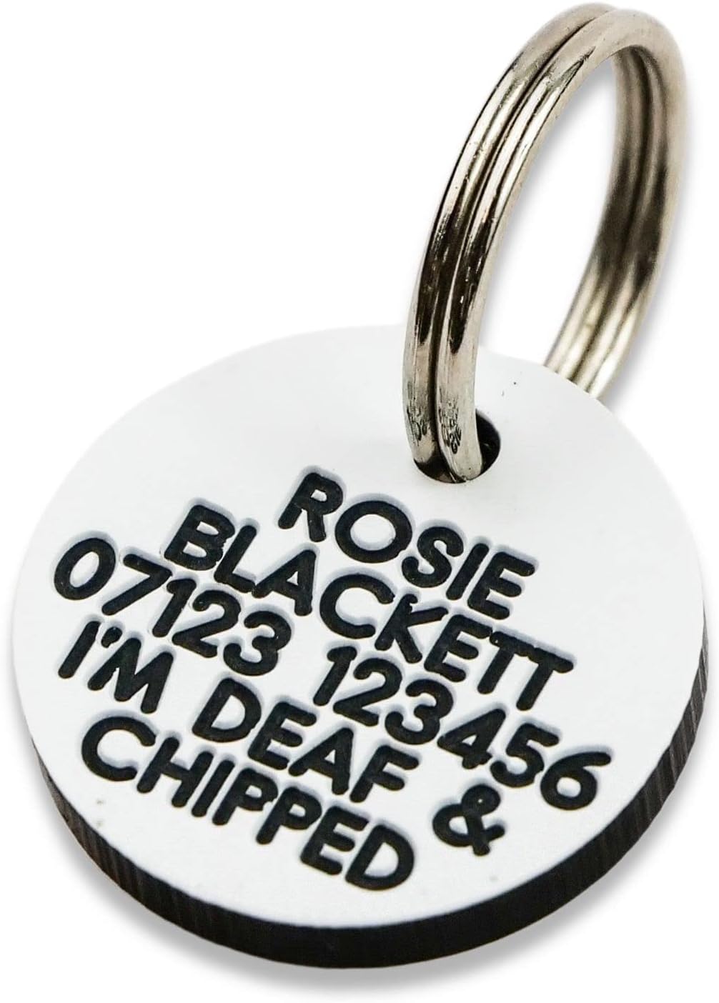 Engraved Dog tag, Deeply Engraved, Silver Plastic 27mm Circular Dog tag