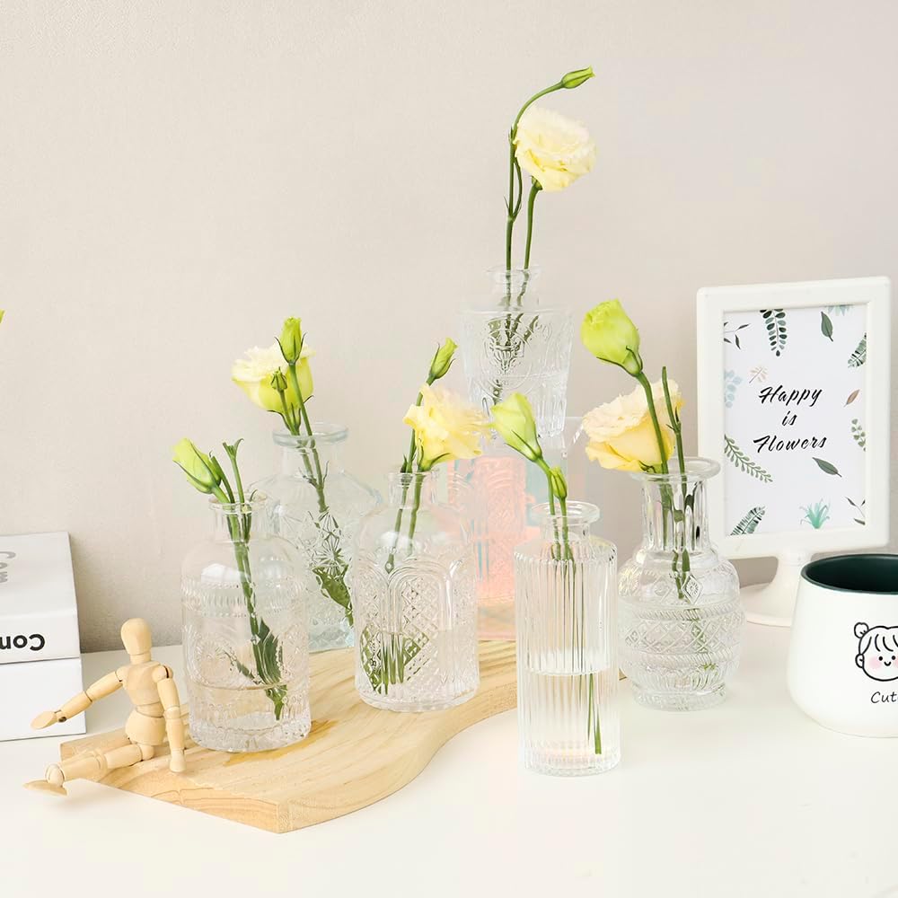 Koyal Wholesale 12Pcs Assorted Glass Bud Wedding Vases Small Bud Vase Bulk Mini Flower Wedding Vases for Centerpieces Table Decorations Vintage Small Clear Glass Vase Home Decor