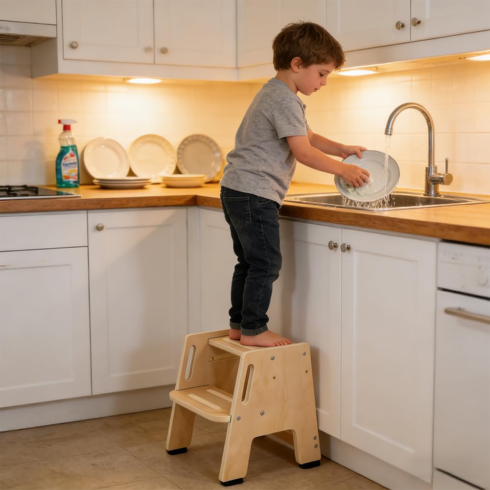 Marchepied en Bois pour Enfant - 2 marches - Antidérapant - avec poignée - Marchepied en Bois Stable pour Salle de Bain, lavabo, Cuisine, Chambre d'enfant - en Bois Massif - Charge maximale : 130 kg
