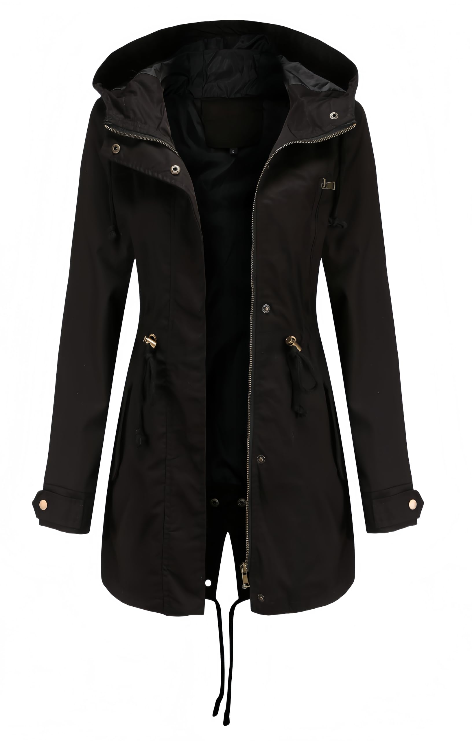 Women Trench Coat Windbreaker Zip Up Jacket With Pockets Casual Long Sleeve Outwear with Waist Drawstring