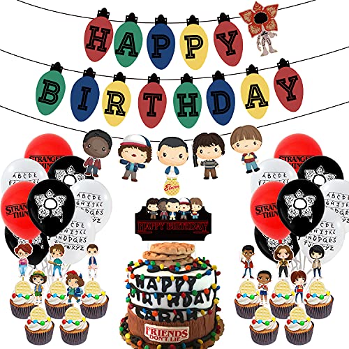 Stranger TV Party Supplies Cute Cartoon Birthday Party Decorations Set Include Happy Birthday Banner Balloons Cake Toppers Cupcake Topper