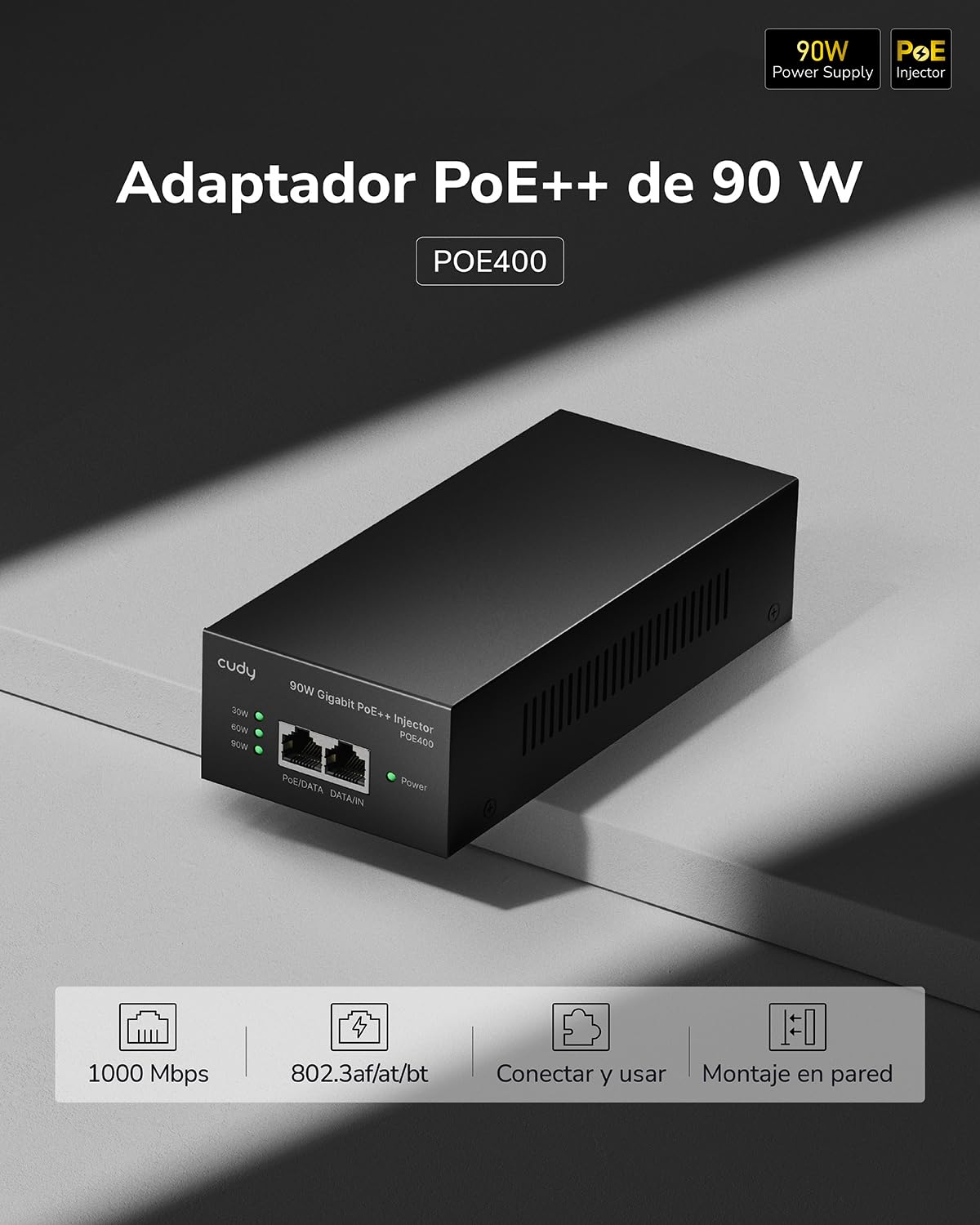 Cudy POE400 Adaptador Inyector PoE++ Ultra Gigabit 90W, Compatible Con IEEE 802.3bt/at/af, Rj45 1000Mbps, Plug & Play, Metal
