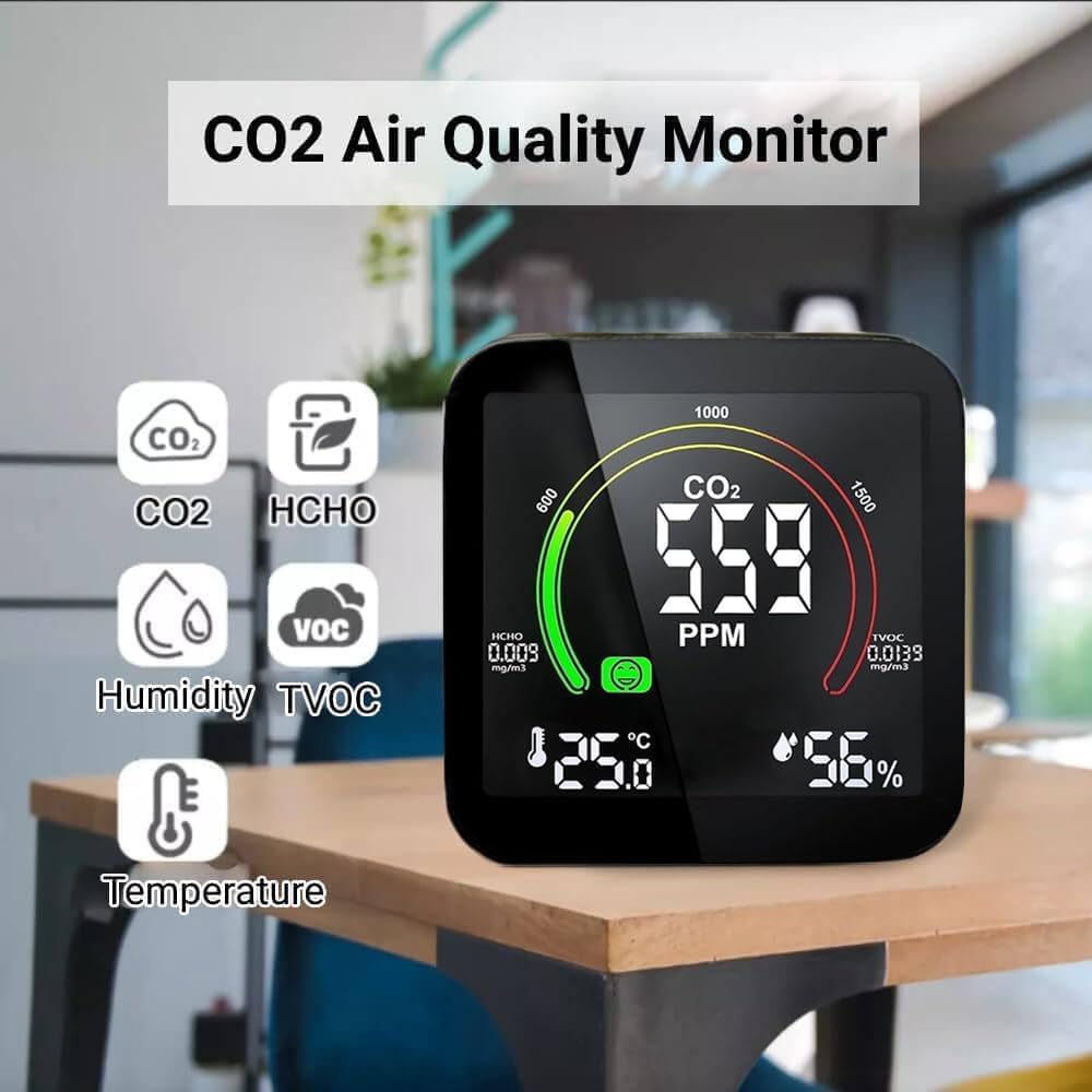 Medidor CO2 Detector CO2 Gas, 5 en 1 Detector de CO2 con Pantalla LED Medidor de Humedad y Temperatura TVOC HCHO Dormitorio Oficina Coche Multi