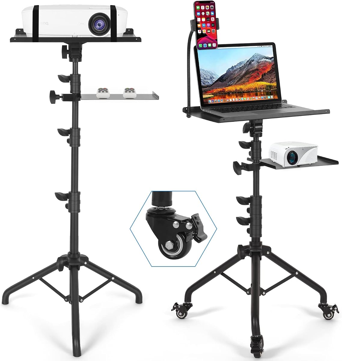 Tossbiss Laptop Tripod on Wheels with 2 Shelves | Portable Projector Floor Stand Adjustable Height 25.9 to 51.8 Inch with Phone Holder, Projector Stand