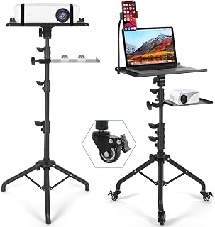 TossBiss Laptop Tripod Stand on Wheels: Adjustable 25.9-51.8" Projector Floor Stand w/ 2 Shelves & Gooseneck Phone Holder