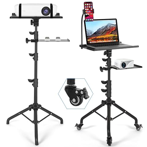 Laptop Tripod on Wheels with 2 Shelves Portable Projector Floor Stand Adjustable Height 25 9 to 51 8