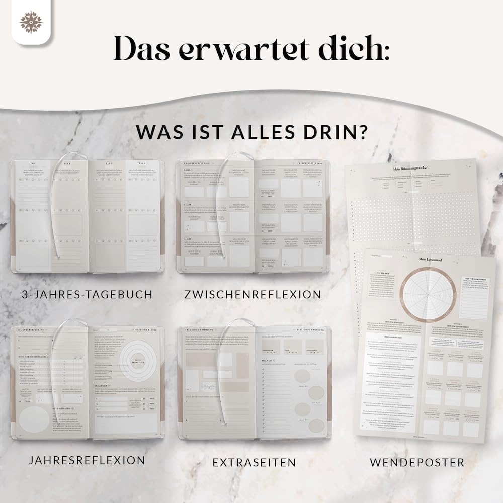 Lebenskompass® 3 Jahres Tagebuch für Erwachsene - Deeptalk Eine Reise zu mir Selbst "SAHARA" One line a day - 5 Minuten Tagebuch Erinnerungen, Reflexion und Achtsamkeit - Journal Buch DIN A5 Hardcover