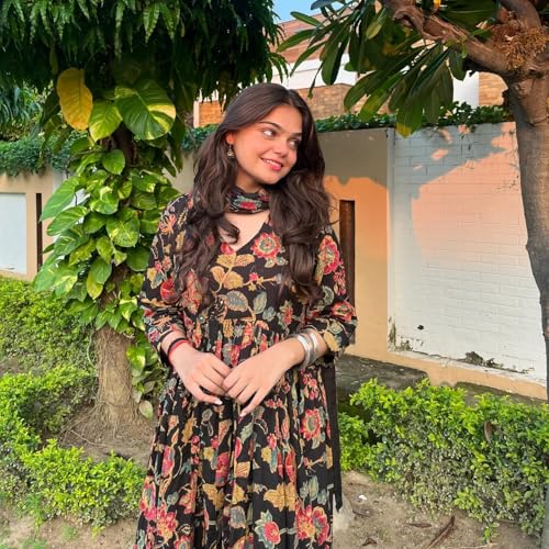 Image of GoSriKi Women's Rayon Viscose Anarkali Printed Kurta with Palazzo & Dupatta