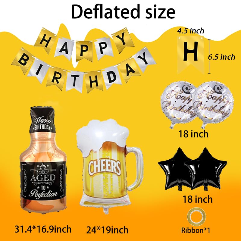 Image of Beer Cup Balloons Whiskey Bottle Beer Mug Shape Happy Birthday Gold Silver Birthday Bunting Banner Summer Party, Birthday Party Decorations for Women and Men (Banner+Balloon)
