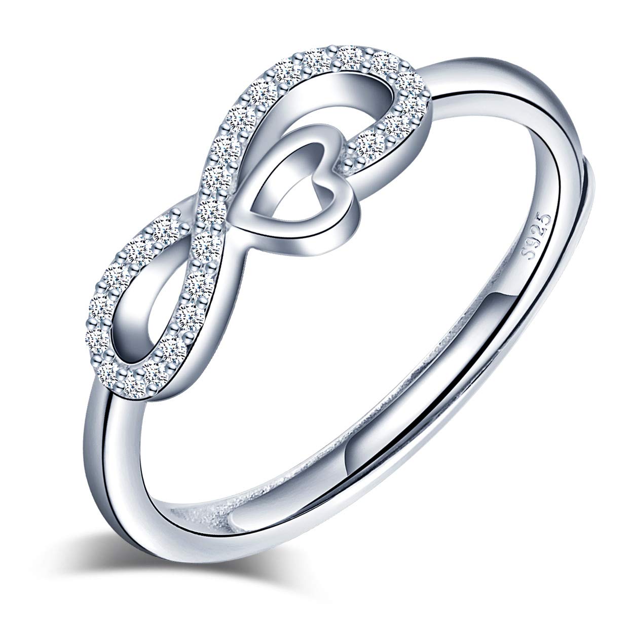 Bague ouverte en argent 925 pour femme fille, anneau de symbole de l'infini incrusté de zircon - Bague de mariage - Taille réglable - Cadeau d'anniversaire de Noël