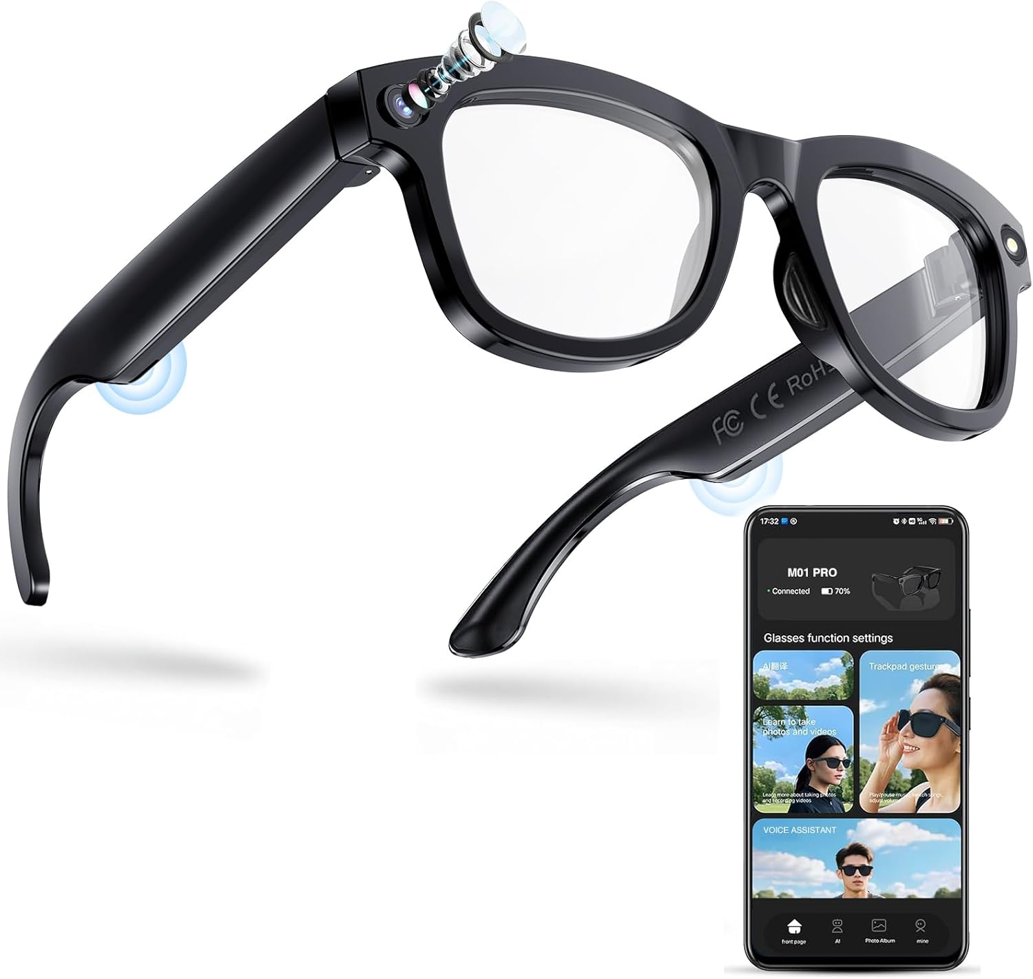 AI Smart Glasses with Camera, 1080P HD Video Recording Glasses,Bluetooth Speaker,Wireless Music & Calls,Real-Time Translation,Voice Control,Unisex