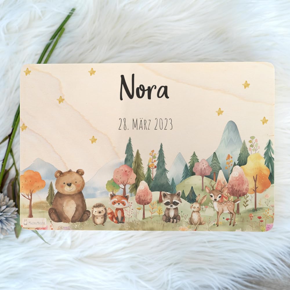 Geschenkfreude Erinnerungsbox Baby Personalisiert - 30x20x14cm - UV-Druck - Individuelle Aufbewahrungsbox - Erinnerungskiste aus Holz - Taufgeschenk - Geschenke zur Geburt - Waldfreunde Lichtung