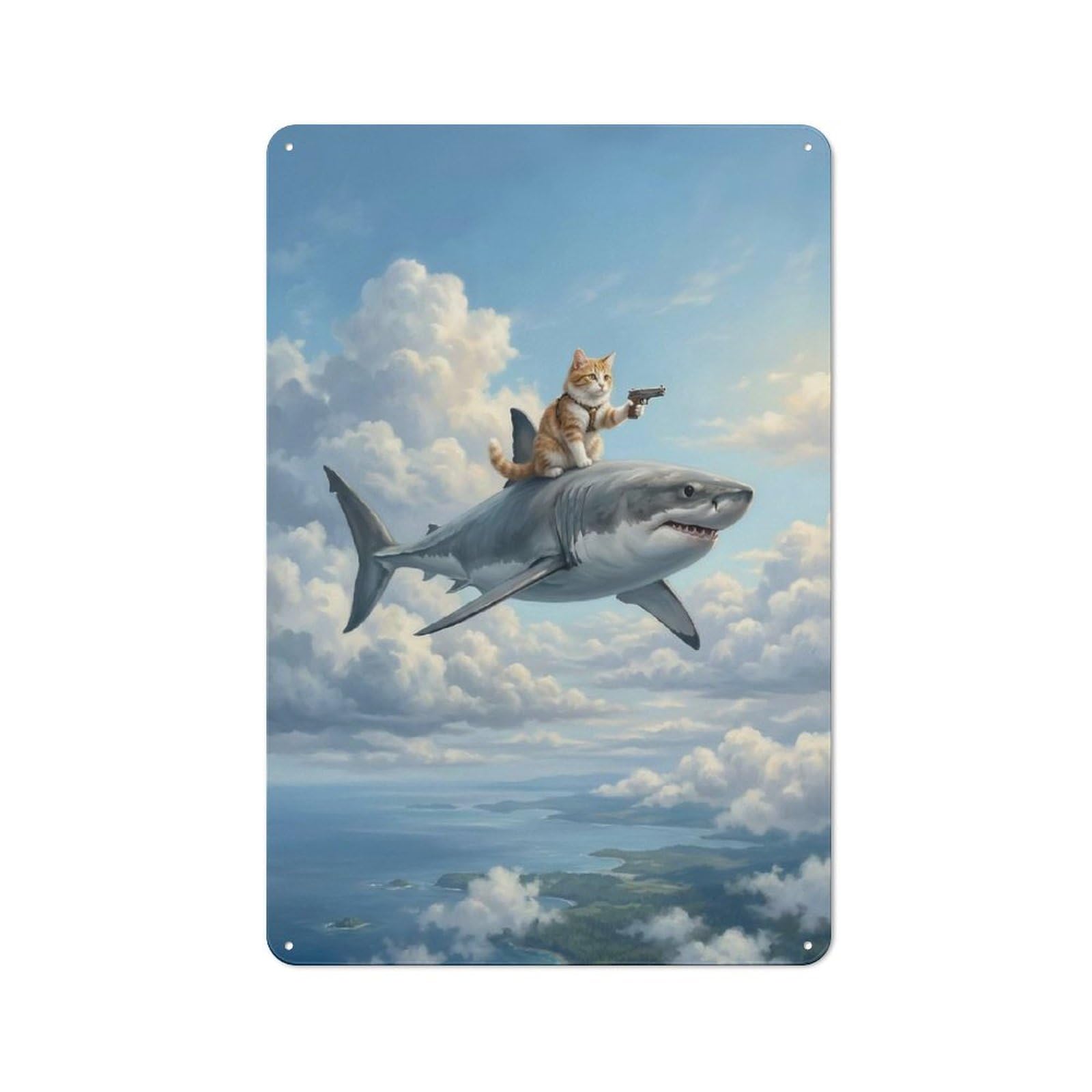 Junmoney Style-9 Rustic Tin Sign 30X20cm Featuring Cat Riding A Shark In The Sky For Garage Or Workshop, For Garage, Workshop And Man Cave Decoration