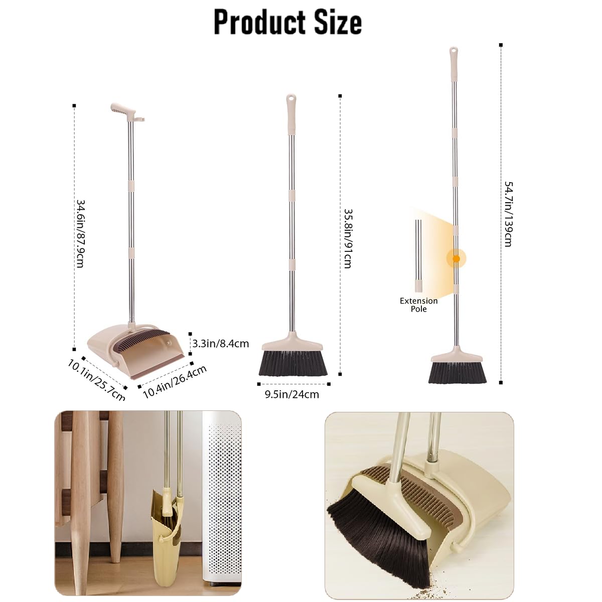 Yuragim Set di scopa e paletta, con manico e paletta con manico lungo, 137 cm, paletta verticale e scopa, per la pulizia della casa, ufficio (beige)