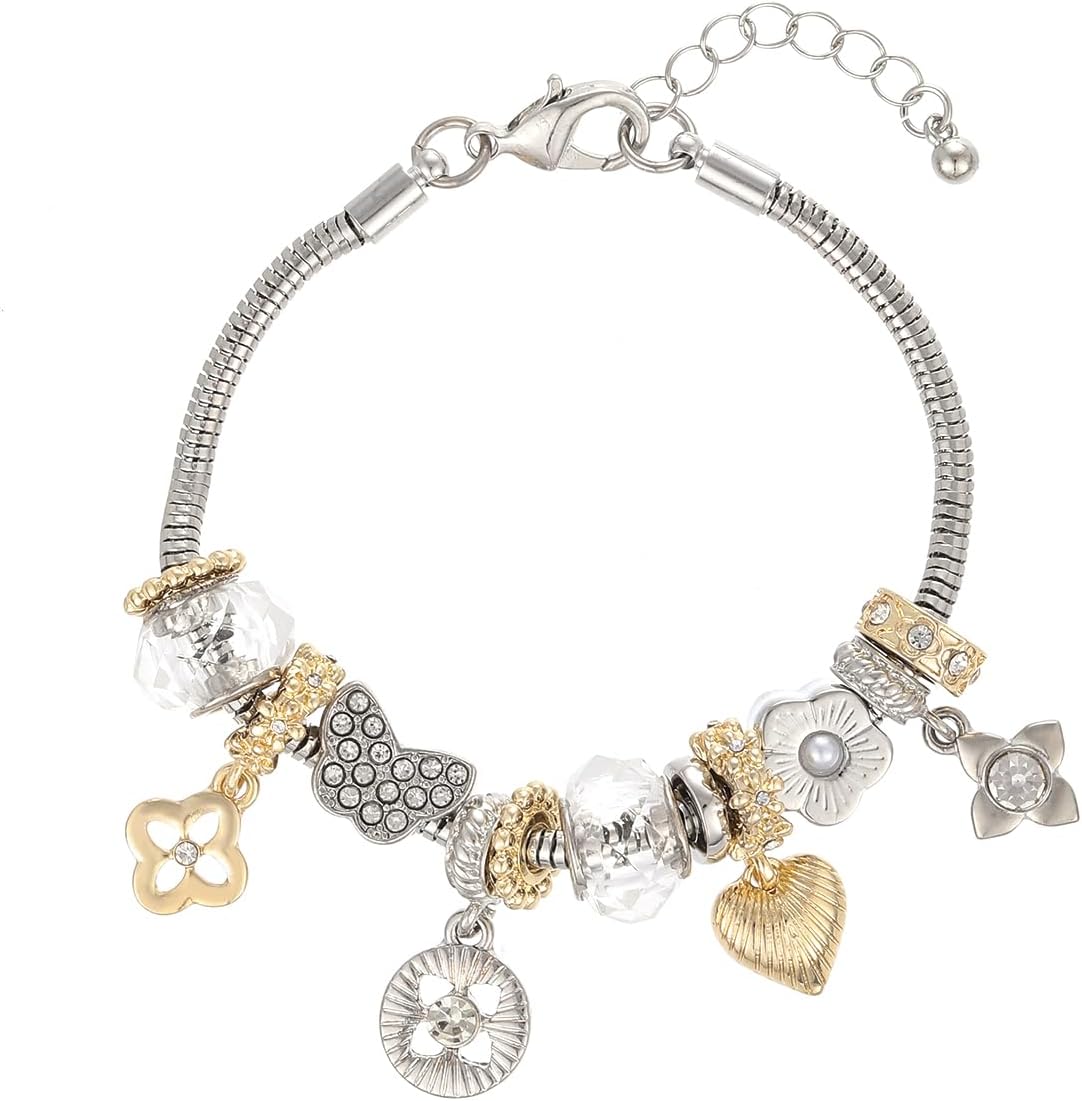 Madison Tyler Bow Gold Plated Bracelet for Women | LOVE Heart Hollow Flower Bow Pink Green Square Gemstone Beaded Charm Bracelet | Cute Adjustable Bracelet Jewelry