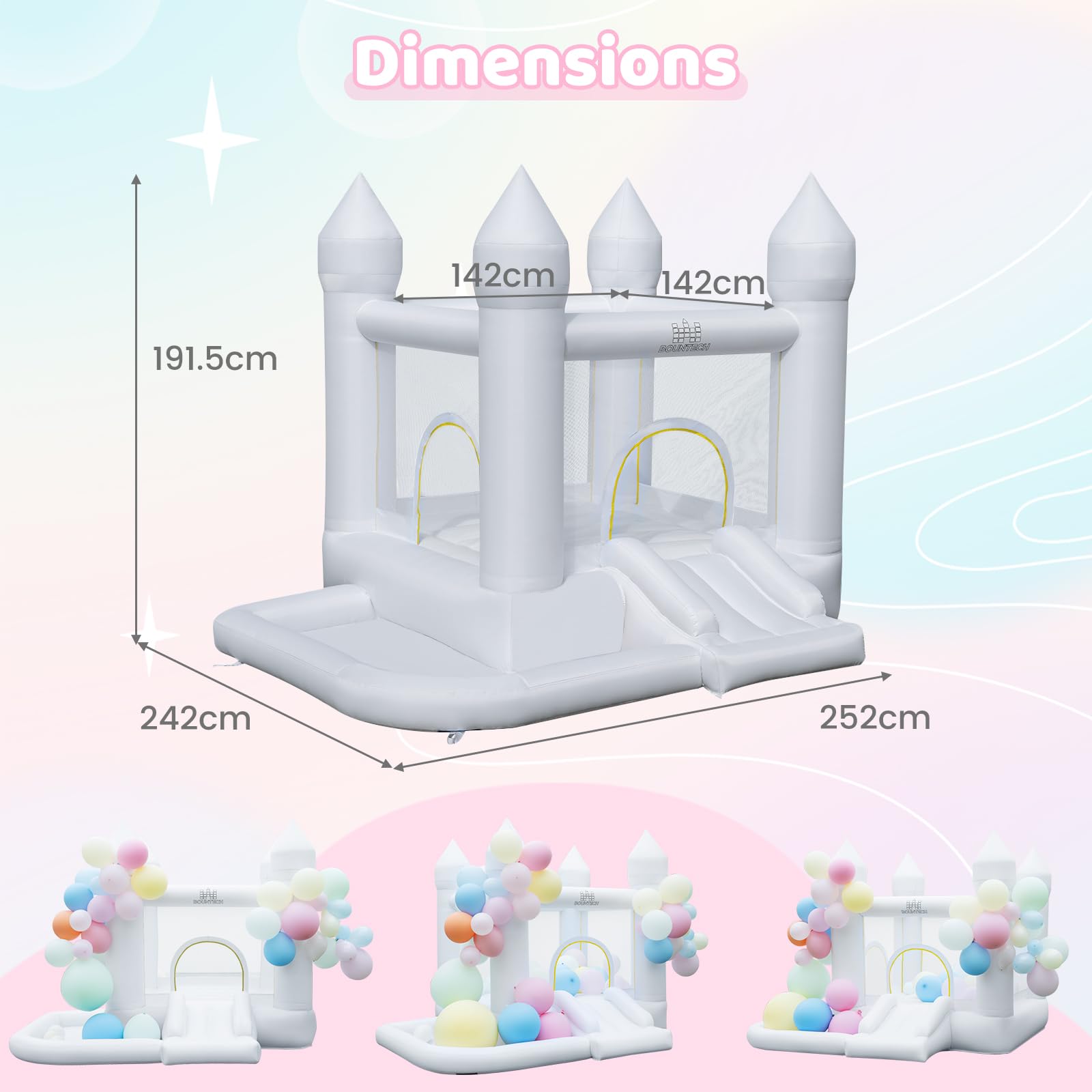 COSTWAY Hüpfburg mit Gebläse, Rutsche, Sprungbereich, Basketballkorb | Bouncy Castle mit 100 Luftballons & Bällebad für Kinder, Innen- und Außenbereich, Weiß, 252 x 242 x 191,5 cm