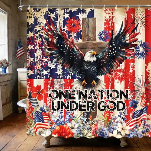 MEHOFOND 4th of July Shower Curtain One Nation Under God Independence Day Bathroom Curtain Bald Eagle American Patriotic Home Bathtub Decor Fabric Waterproof Bath Curtain with 12 Hooks 72x72 Inch
