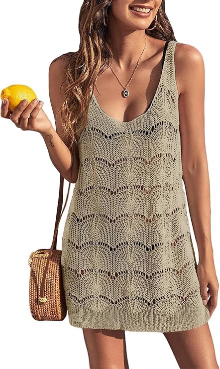 Saodimallsu Damen Ärmellos Kleider Boho Sommerkleider Fischnetz Hollow Out Strandkleid Sexy Crochet Bikini Cover Up Freizeitkleid