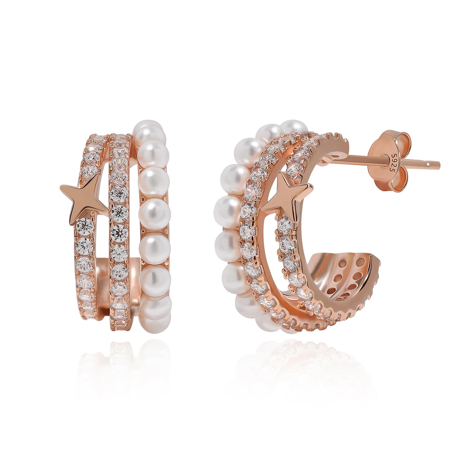 Meissa Orecchini Donna Argento 925 Orecchini Perle Oro rosa Orecchini Cerchio con Zircone cubico Stella Orecchini Ipoallergenico Gioielli Regalo Donna Mama spose, Oro rosa