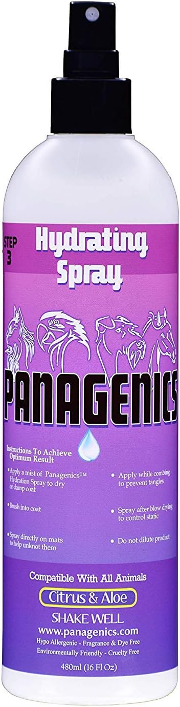 PanagenicsPet Hydrating Spray - with Citrus and Aloe, Unscented, pH Balanced - Reduce Tangles, Matting, Dry-Time - Safe for All Animals, use on All Breeds - 16 Ounce