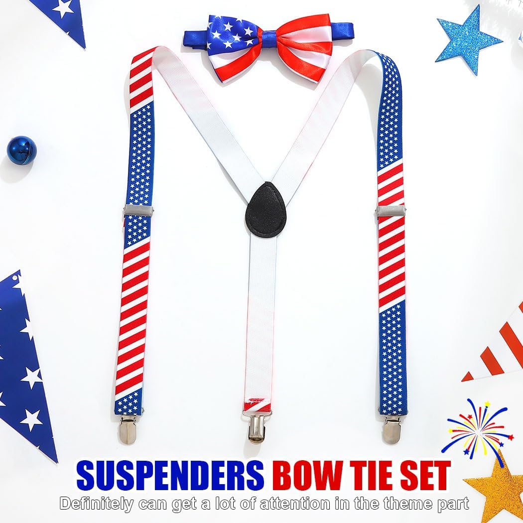 Zoestar 4th of July Suspenders Bow Tie Set Patriotic Suspender and Bowties Independence Day Costume Accessories for Men and Women