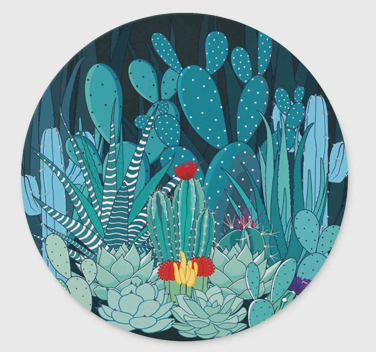 Cactus and Flower Non-Slip Rubber Round Mouse Pad