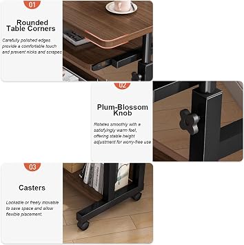 Height Adjustable Computer Desk with Wheels, Standing Desk with Wheels, Small Mobile Standing Desk with Keyboard Tray and Storage Shelf, Sofa Side Table for Home Office or Study White, 23.660cm