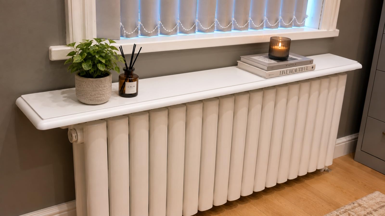 B & Z Radiator Shelf – No Drill MDF Wooden Shelf with Metal Brackets – Easy Fit Over Radiator Shelf – Heat Deflector & Floating Display Shelf – White – Multiple Sizes (120cm x 13cm)