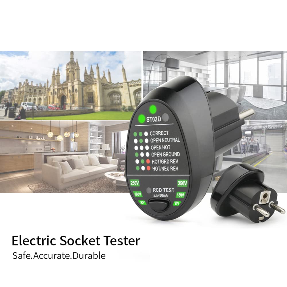 Testeur De Prise électrique HUIOP - Détecteur RCD, Polarité, Terre, Neutre, Affichage LED, Fiche EU 100-240V