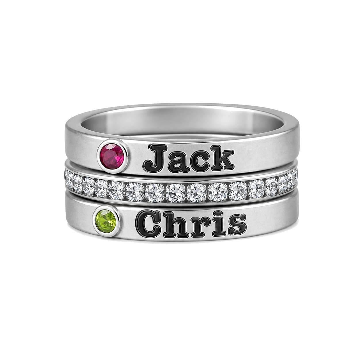 Juego de 3 anillos apilables personalizados con nombres y piedras de nacimiento, regalo familiar para mujer