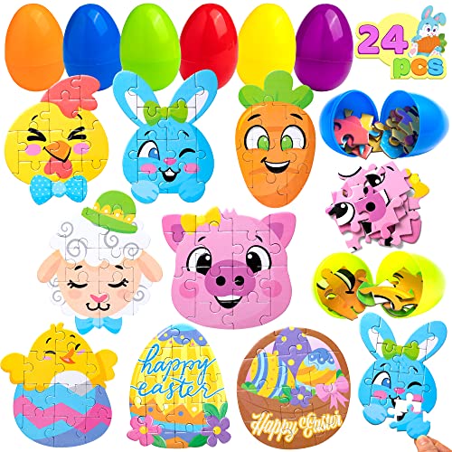 JOYIN 24 Pcs Easter Egg with Jigsaw Puzzles Toys Inside for Kids Easter Theme Party Favor, Eggs Hunt, Basket Stuffers Fillers, School Classroom Activities