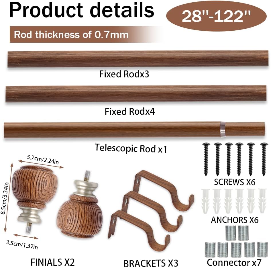 Wood Curtain Rods for Windows,1 Inch Adjustable Window Curtain Rod, Farmhouse Rustic Decorative Single Drapery Rods for Living Room, Bedroom (28in-122in)