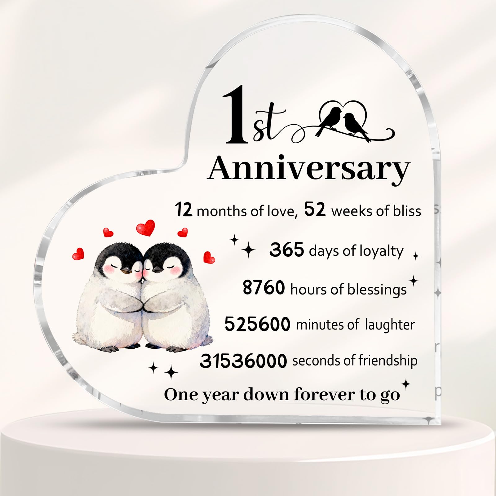 1st Wedding Anniversary Plaque Gifts Paper Anniversary Present 10cm x10cm 1st Acrylic Heart Keepsake for Wife Husband Parents (Penguin) — image 1