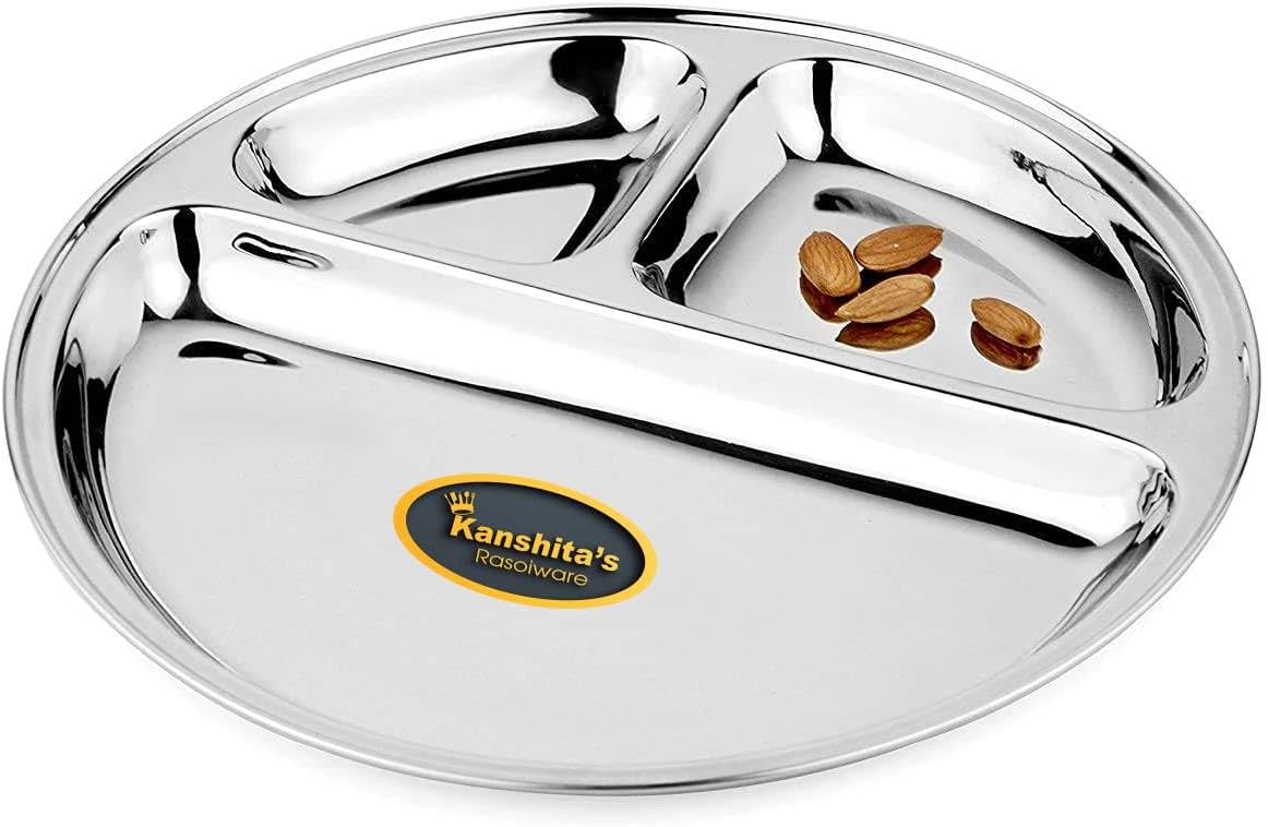 Kanshita's Rasoiware Stainless Steel 3 Compartment, Divided, Partition Lunch/Dinner/Bhojan/Thali Plates (Pack of 1)