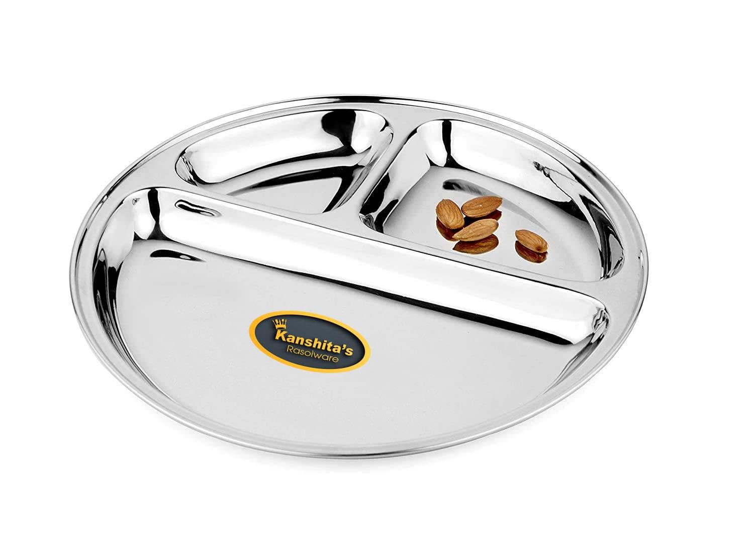 Kanshita's Rasoiware Stainless Steel 3 Compartment, Divided, Partition Lunch/Dinner/Bhojan/Thali Plates (Pack of 1)