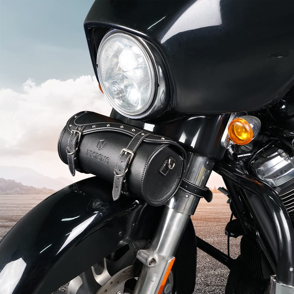 NICECNC Sac de fourche de moto en cuir PU, sac de guidon de moto universel, sac à outils de moto, sac de selle de moto avec sangles renforcées, sac étanche noir
