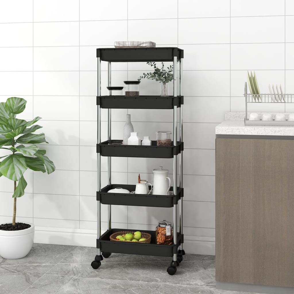 vidaXL Carrito de Cocina Carro de Servicio Doméstico Niños Garaje Estantes Almacenamiento Alimentos Bebidas 5 Niveles Hierro y ABS Negro 42x29x128 cm