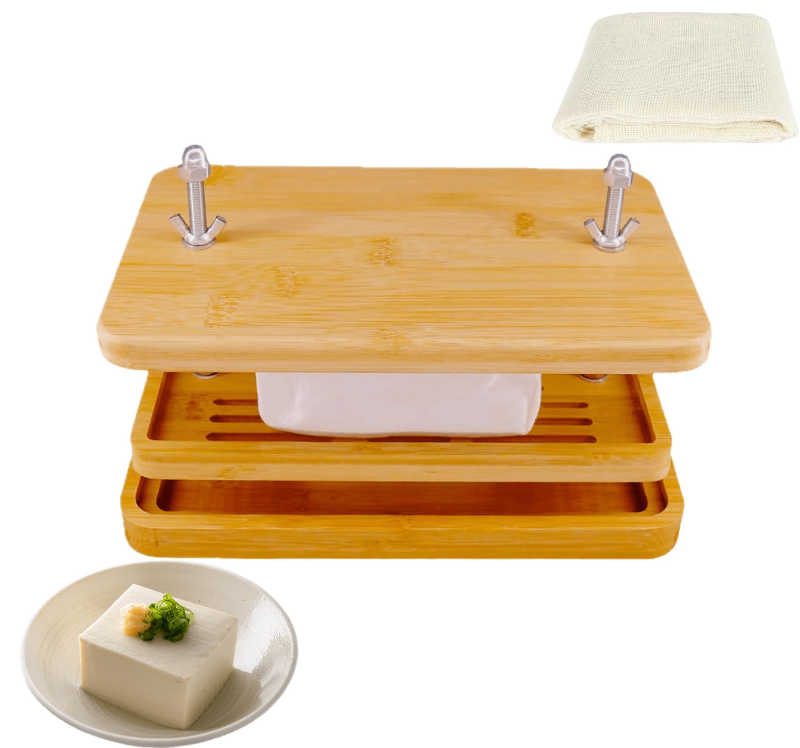 Prasa do tofu, duża bambusowa prasa do tofu z sitkiem do tofu, tacą ociekową i gazą, bez BPA, łatwa do czyszczenia, łatwa do usunięcia wody z jedwabiu, twardego/bardzo mocnego tofu, świetny prezent