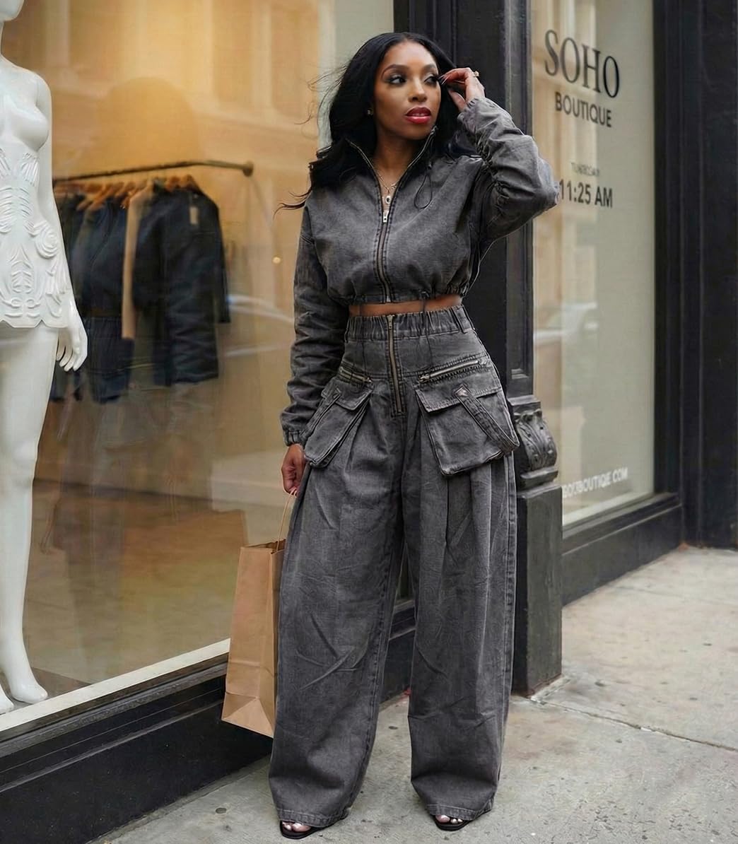 Angsuttc Womens Two Piece Sets Denim Outfit Ruched Long Sleeve Zip Up Cropped Jean Jacket Wide Leg Pants Chic Set - Image 3