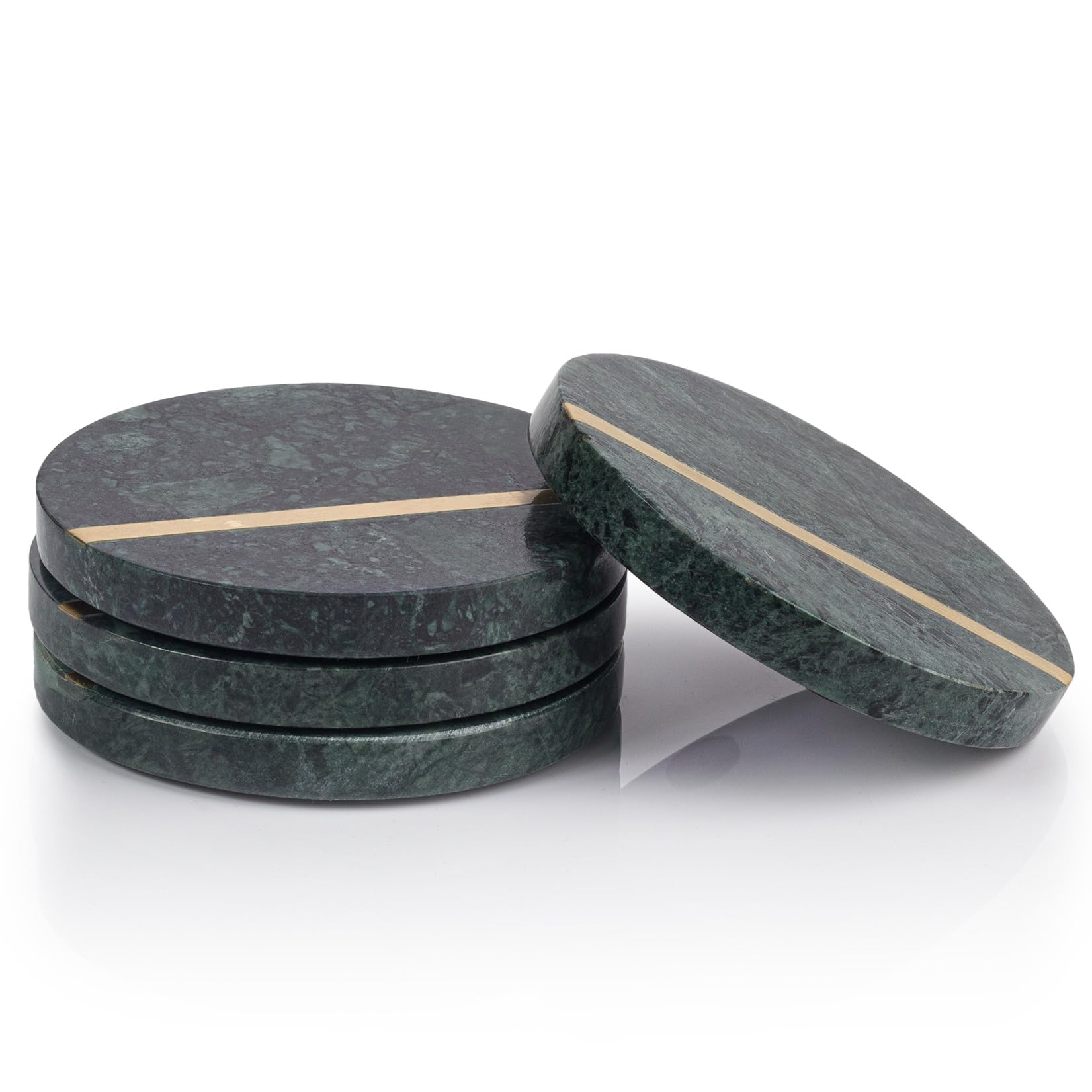 Ehc Round - Green Round Marble Coasters With Gold Inlay - Set Of 4 Non-Slip For Drinks, Coffee, Beer Bar Mat In Green