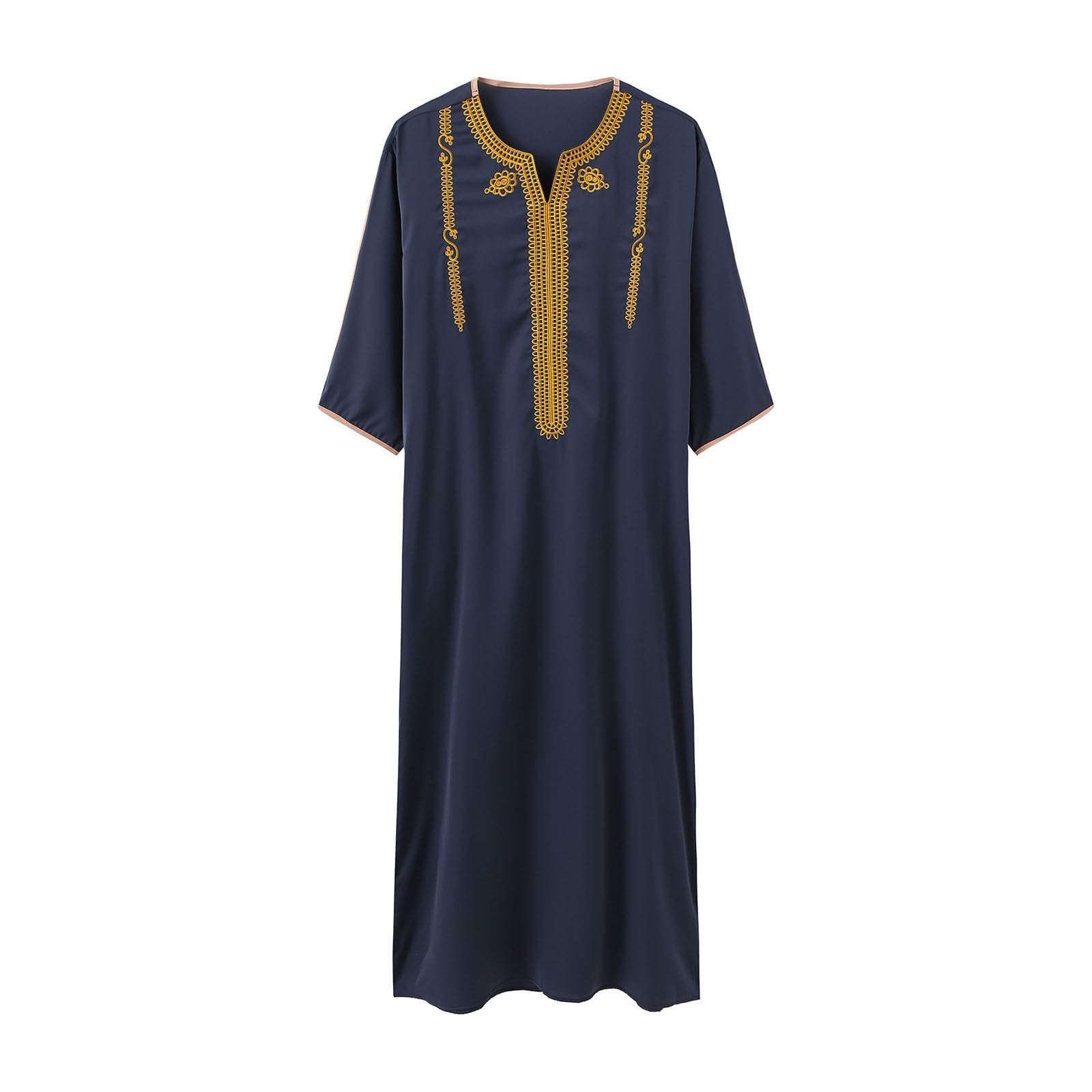 CHUNOTU - Bata musulmana bordada para hombre, estilo informal, bloque de color, cuello Thobes, transpirable, largo y étnico