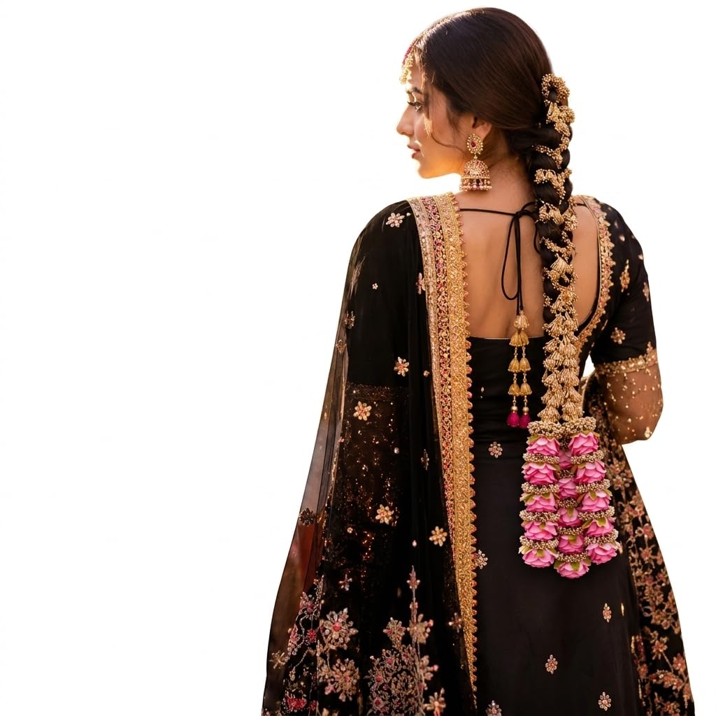 Pink Rose Hair Pranda for Women & Girls | 30 Inch Handmade Punjabi Paranda with Artificial Rose Flowers | Traditional Bridal Braid Hair Accessory for Wedding, Engagement, Gidda, Bhangra, Karva Chauth, Teej & Festivals-image-31