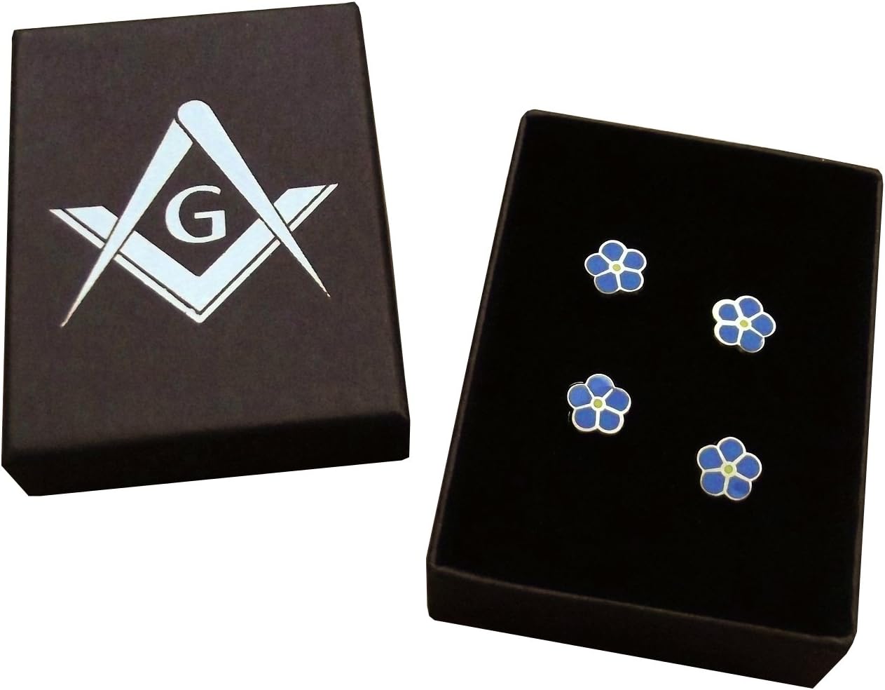 Masonic Pin Badge Set (Forget Me Not Flower x4) + Embossed Gift Box - Mens Square & Compass Gift