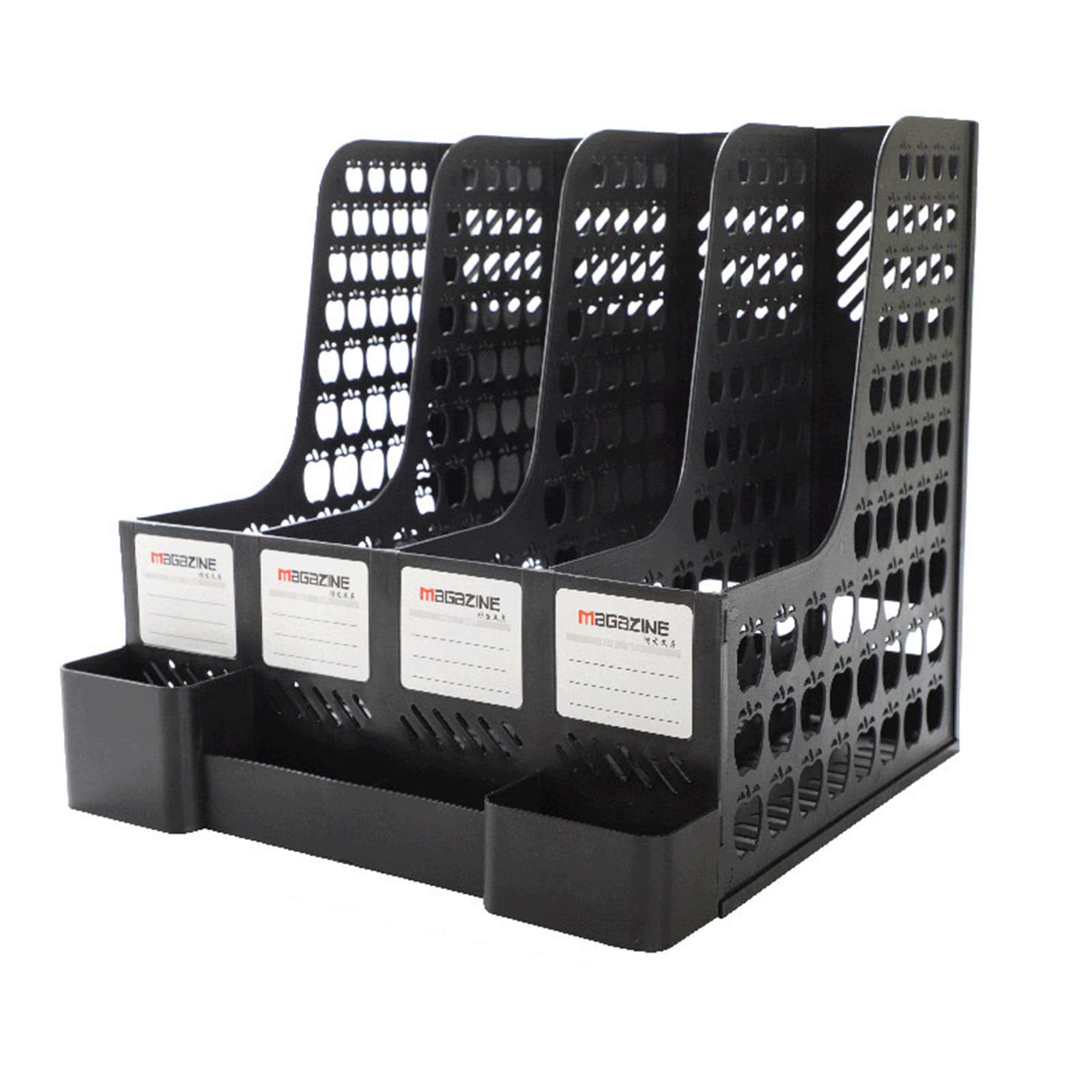 HOJKMA Plastic Vertical Desk Organizer, Sturdy Removable Magazine File Folder Holder Office Supplies Storage Organizer Case with 4 Vertical Compartments&Pen Holder, Desktop File Storage Holder, Black