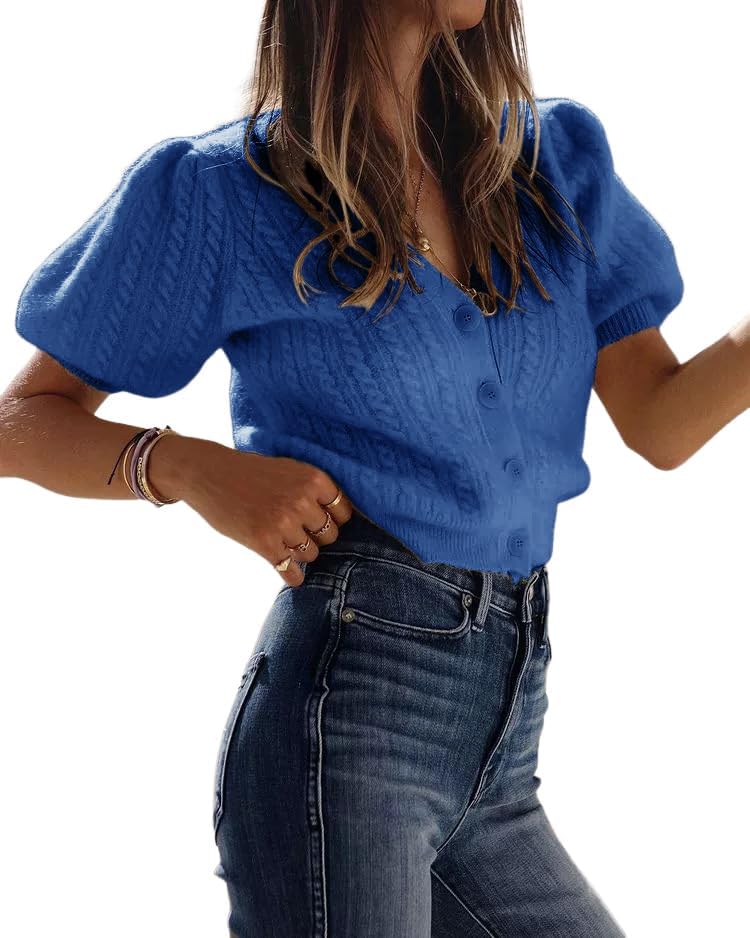 Bianstore Women's Puff Short Sleeve Sweater Casual V Neck Cardigan Tops Ribbed Knit Button Down Shirts