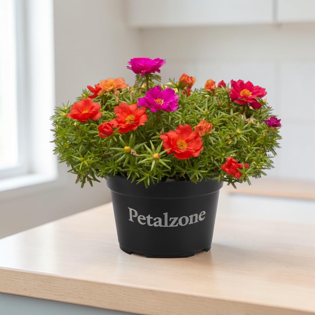 Petalzone Assorted Multicolor Portulaca Grandiflora Live Flower Plant with 4 Inch Black Nursery Pot | Moss Rose Summer Blooming Plant | Colorful Outdoor & Balcony Garden Plant
