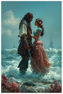 UZWGG 1pcs Frameless Pirate and Women Wall Art Poster Print Tropical Navigation Canvas Painting Romantic Valentine's Day Wall Art Decor for Bedroom Living Room Office Canvas Roll 16x24inch(40x60cm)