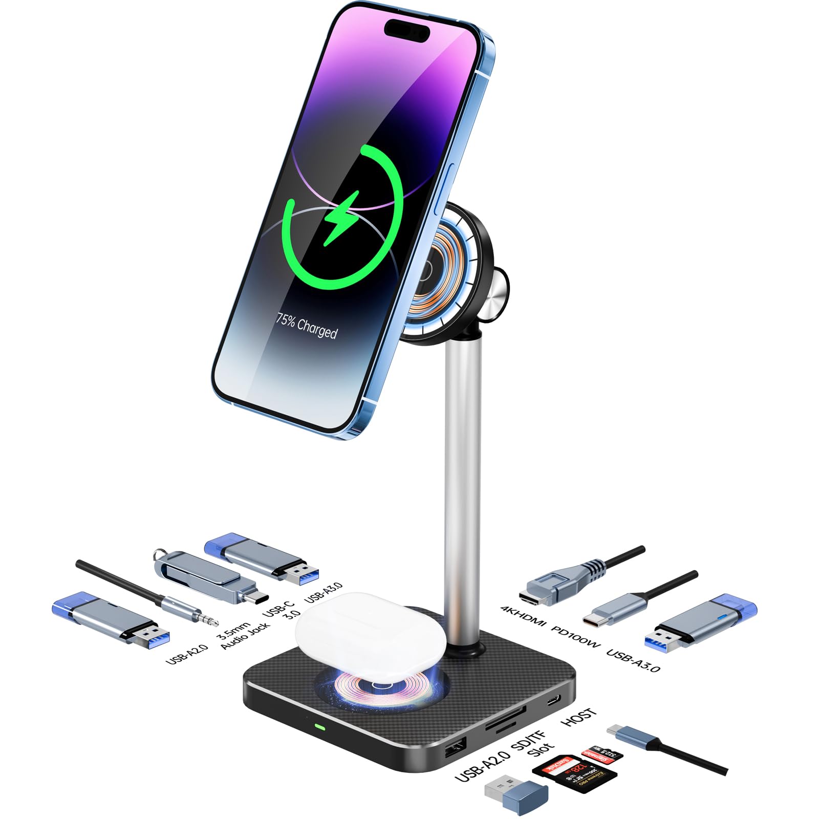 Laptop Docking Station 10-in-1 with Wireless Charger Phone Stand, USB-C Hub for MacBook/Dell/HP Laptops(with USB-C Port 3.0 or higher), Cordless