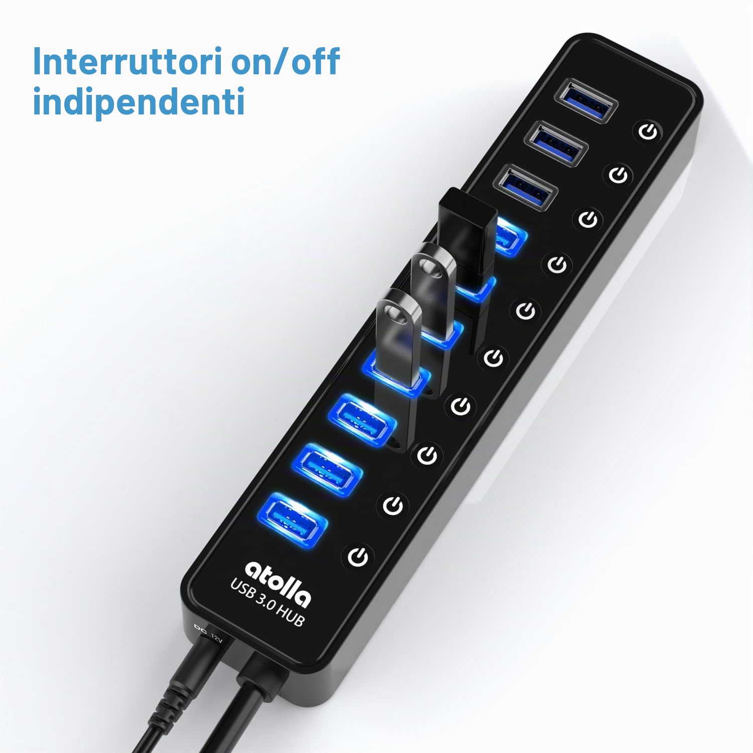 Hub USB alimentato, atolla Hub USB 3.0 Multipresa a 10 porte con interruttori e LED di alimentazione individuali Adattatore 12 V/2.5 A per tastiera, mouse, stampante, driver duri, ecc.